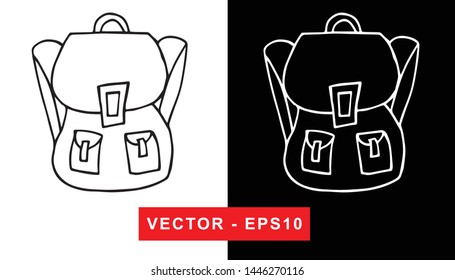 Black and White Vector Illustration of Hand Drawn Sketch of Back To School Bag Icon on Isolated Background