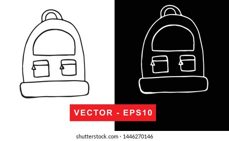 Black and White Vector Illustration of Hand Drawn Sketch of Back To School Bag Icon on Isolated Background
