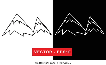 Black and White Vector Illustration of Hand Drawn Sketch of Mountain Nature Landscape Icon on Isolated Background