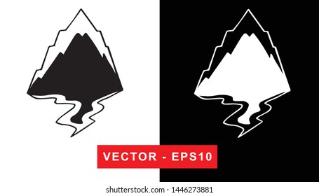 Black and White Vector Illustration of Hand Drawn Sketch of Mountain Nature Landscape Icon on Isolated Background