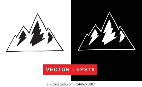 Black and White Vector Illustration of Hand Drawn Sketch of Mountain Nature Landscape Icon on Isolated Background