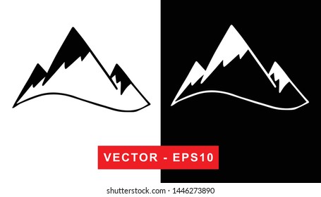 Black and White Vector Illustration of Hand Drawn Sketch of Mountain Nature Landscape Icon on Isolated Background