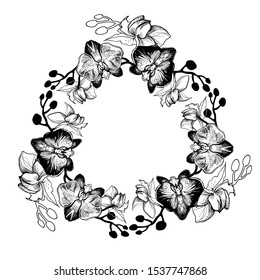Black and white vector illustration of hand drawn floral wreath. Ink drawing, manual graphic style, Perfect for wedding invitation, design element, printing, floristic post card, poster, banner.