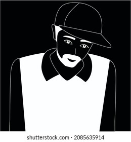 Línea de dibujo manual de ilustraciones vectoriales en blanco y negro. Un tipo en una gorra, un hombre con barba. 