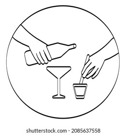 Black and white vector illustration hand drawing line. Hands of the bartender making a cocktail. 