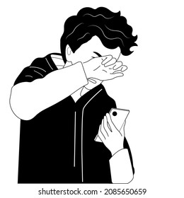 Black and white vector illustration hand drawing line. Sad guy looks at the phone. 