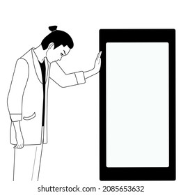 Black and white vector illustration hand drawing line. Sad guy with a phone. 