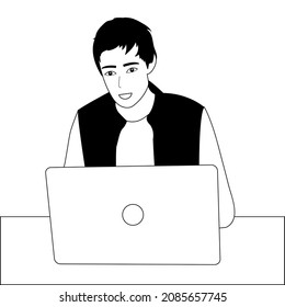 Black and white vector illustration hand drawing line. The guy works at the laptop. 