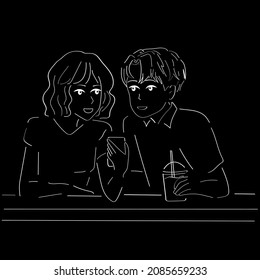 Black and white vector illustration hand drawing line. A guy and a girl are sitting in a cafe and drinking coffee.