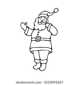 black and white vector illustration hand drawn in cartoon style. Santa Claus stands with his hand raised.