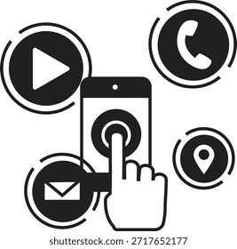 Ilustración vectorial en blanco y negro de una mano que interactúa con una pantalla de teléfono inteligente, rodeada de íconos de comunicación circulares que incluyen un Botón de juego, teléfono, sobre de correo electrónico y pin de ubicación, que representan el marketing y la Asistencia al cliente digital primero en el móvil.