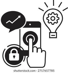 Ilustración vectorial en blanco y negro de una mano que interactúa con un teléfono inteligente, con una bombilla brillante con un engranaje (innovación), un símbolo de candado (seguridad) y una burbuja de discurso con una flecha de crecimiento ascendente (éxito de marketing).