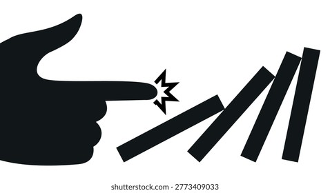 Black and white vector illustration of hand pointing toward row of rectangular blocks initiating domino effect. Minimalist graphic for chain reactions cause and effect or sequential processes.