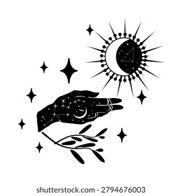 Black and white vector illustration of a hand with constellation, crescent moon, radiant sun, and branch. Mystical celestial design for tattoo, print, or poster.