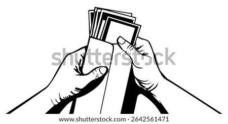 A black and white vector illustration of a hand pulling out cash from an envelope, symbolizing payment, salary, savings, or bonus. Ideal for finance, payroll, banking, or business-related content.