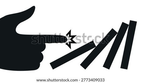 Black and white vector illustration of hand pointing toward row of rectangular blocks initiating domino effect. Minimalist graphic for chain reactions cause and effect or sequential processes.