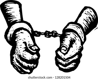 Black and white vector illustration of handcuffed criminal or prisoner