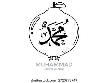 Schwarz-weiße Vektorgrafik der handgezeichneten arabischen Kalligrafie, die den Propheten Muhammad auf einer Frucht darstellt.