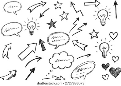   
Black and white vector illustration of hand-drawn doodles including arrows, speech bubbles, stars, hearts, light bulbs, and abstract shapes