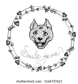 Black and white vector illustration with a hand-painted pit bull in a Scandinavian style and an inspiring inscription