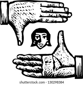 Black and white vector illustration of hands framing portrait