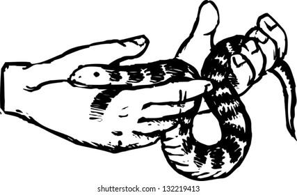 Black and white vector illustration of hands holding snake
