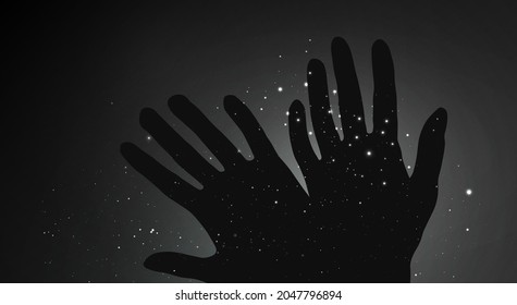 Black and White vector illustration with hands on dark background with stars