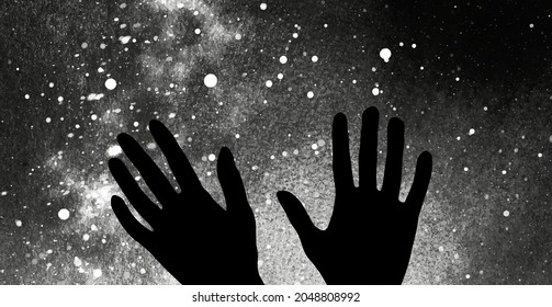 Black and White vector illustration with hands on dark background with stars