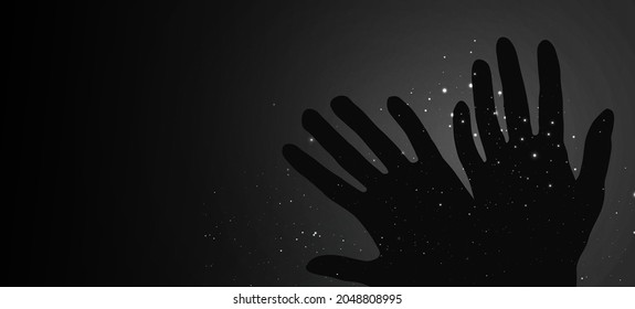 Black and White vector illustration with hands on dark background with stars