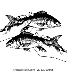 Ilustración vectorial en blanco y negro de manos que sostienen múltiples peces: ilustraciones de pesca vintage en línea detallada