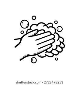 Ilustração de vetor preto e branco de mãos lavando com sabão e bolhas de higiene e conceito de limpeza