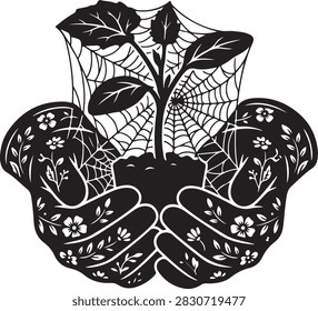 Black and white vector illustration of hands holding a growing plant with spider web background for creative design