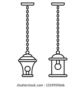 Black & white vector illustration of hanging pendant lantern lamp. Line icon of outdoor & indoor light fixture. Isolated object on white background