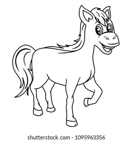 Black and White Vector Illustration of a Happy Horse. Cute Cartoon Horse Isolated on a White Background Coloring Page. Happy Animals Coloring Book for Children