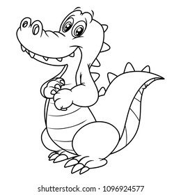 Black and White Vector Illustration of a Happy Alligator. Cute Cartoon Crocodile Isolated on a White Background Coloring Page. Happy Animals Coloring Book for Children