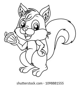 Black and White Vector Illustration of a Happy Squirrel. Cute Cartoon Squirrel Isolated on a White Background Coloring Page. Happy Animals Coloring Book for Children