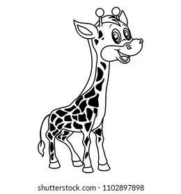 Black and White Vector Illustration of a Happy Giraffe. Cute Cartoon Giraffe Isolated on a White Background Coloring Page. Happy Animals Coloring Book for Children