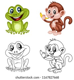 Black and White Vector Illustration of a Happy Frog and Monkey. Cute Cartoon Frog and Monkey Isolated on a White Background Coloring Page. Happy Animals Coloring Book for Children