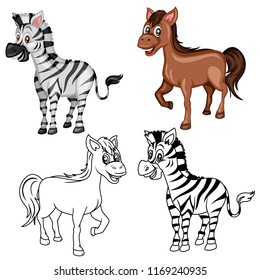 Black and White Vector Illustration of a Happy Zebra and Horse. Cute Cartoon Zebra and Horse Isolated on a White Background Coloring Page. Happy Animals Coloring Book for Children