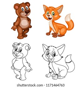 Black and White Vector Illustration of a Happy Fox and Bear. Cute Cartoon Fox and Bear Isolated on a White Background Coloring page. Happy Animals Coloring Book for Children