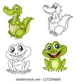 Black and White Vector Illustration of a Happy Frog and Alligator. Cute Cartoon Frog and Alligator Isolated on a White Background Coloring Page. Happy Animals Coloring Book for Children