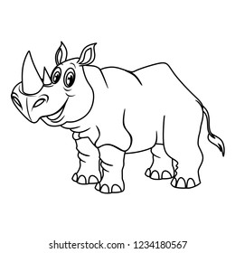 Black and White Vector Illustration of a Happy Rhinoceros. Cute Cartoon Rhino Isolated on a White Background Coloring Page. Happy Animals Coloring Book for Children