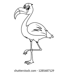 Black and White Vector Illustration of a Happy Flamingo. Cute Cartoon Flamingo Isolated on a White Background Coloring Page. Happy Animals Coloring Book for Children