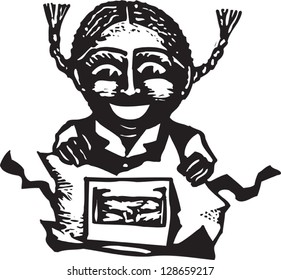 Black and white vector illustration of a happy girl opening a present