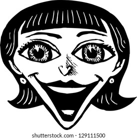 Black and white vector illustration of a happy young woman