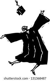 Black and white vector illustration of happy student at graduation