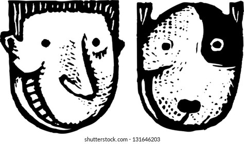 Black and white vector illustration of happy owner and pet
