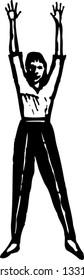 Black and white vector illustration of happy woman cheering