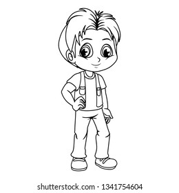 Black and White Vector Illustration of a Happy Boy. Cute Cartoon Boy Isolated on a White Background Coloring Page. Happy Kids Coloring Book for Children