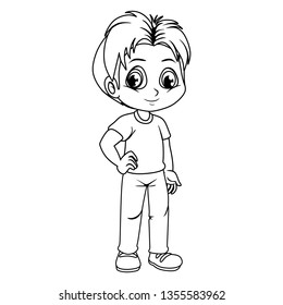 Black and White Vector Illustration of a Happy Boy. Cute Cartoon Boy Isolated on a White Background Coloring Page. Happy Kids Coloring Book for Children